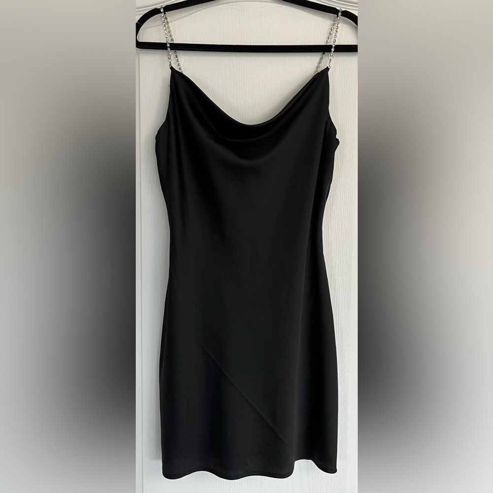 Garage NWT Elegant Black Satin Dress with Crystal gem Straps Small